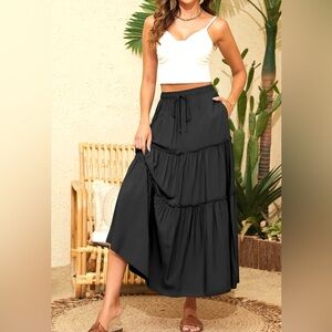 NASHALYLY Boho Elastic Waisted Ruched 3‎ Tiered Black Maxi Skirt Size XXL